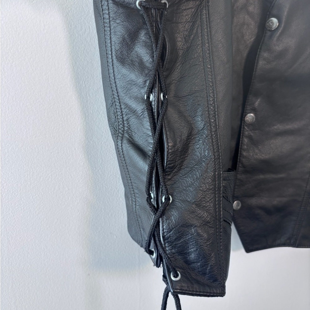 Harley-Davidson Embroidered Eagle Lace Up Black Leather Motorcycle Biker Vest XL - Picture 4 of 6